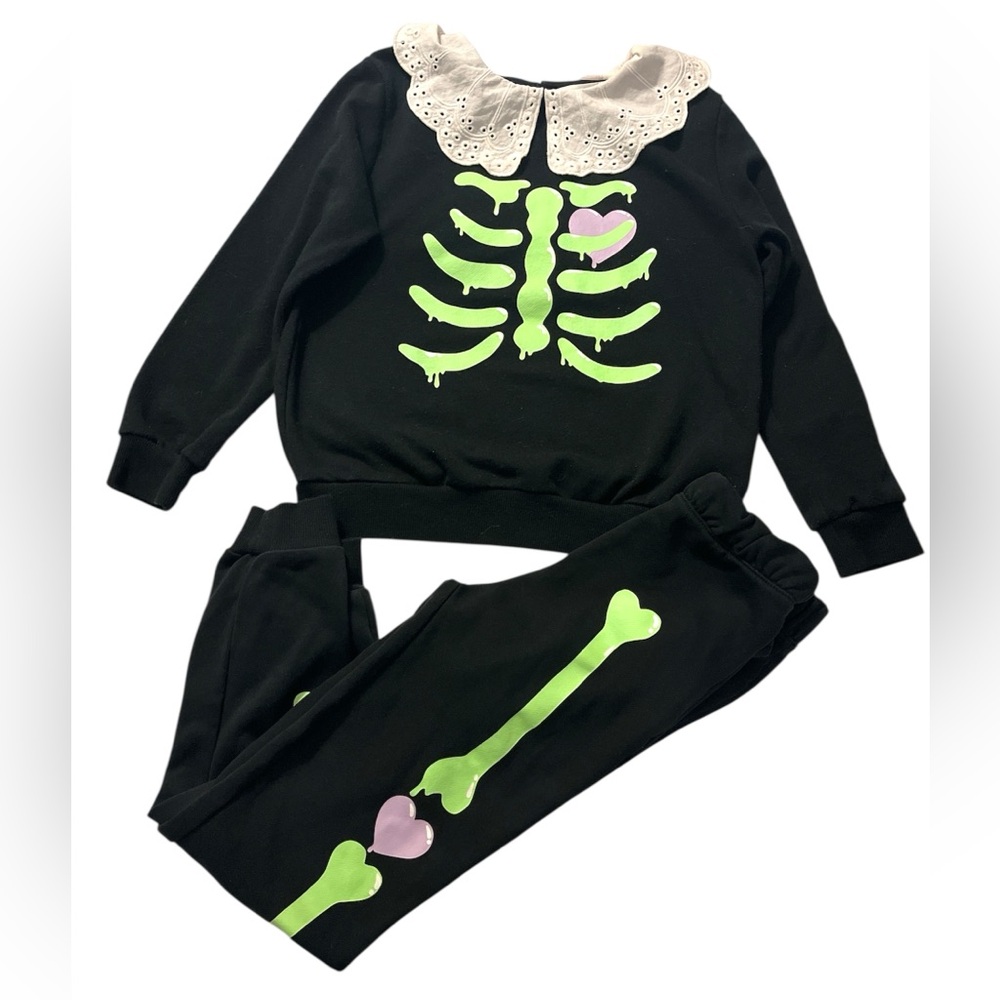 H& M Black Skeleton Sweat pants Set with Green and Pink Accents Girl 7-8